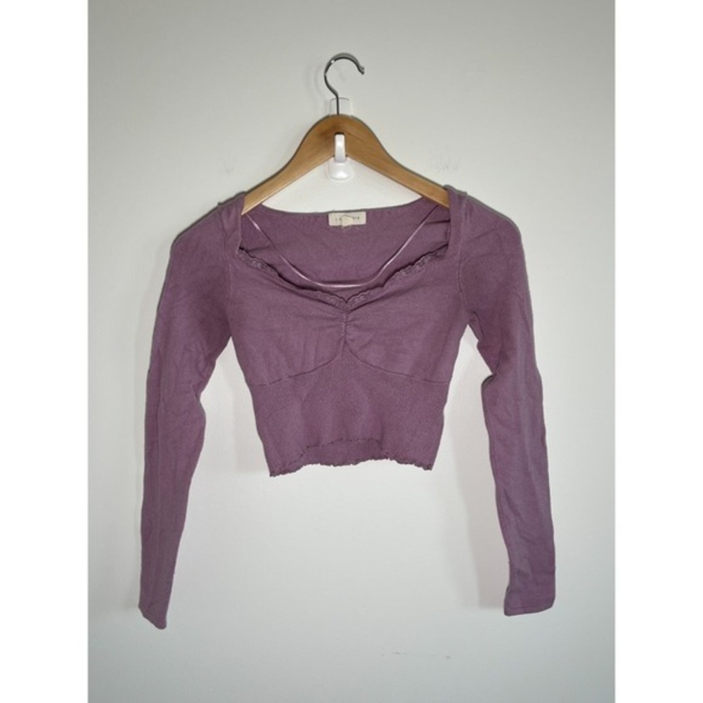Y2K Babydoll Top Long Sleeve Lace Ribbed Purple Womens XS